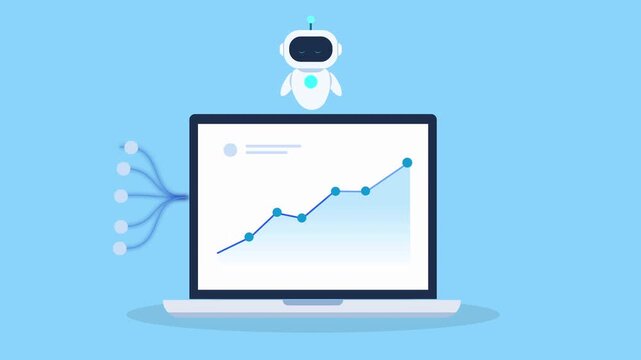 Animated AI robot analyzing a growing data chart on a laptop with a light bulb icon, representing business ideas, innovation, data insights, creativity, and digital strategy.