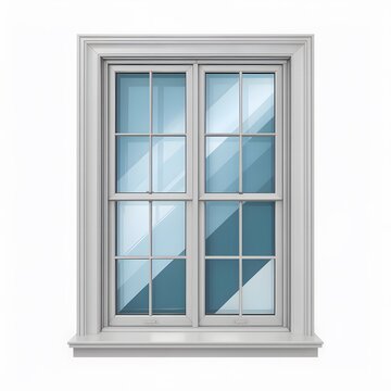 Bright double-hung white window with clear blue sky reflection on glass panes