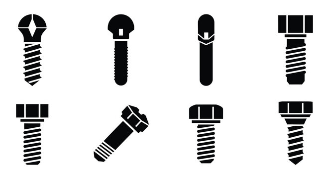 Black screw and bolt silhouettes set of various fastener shapes