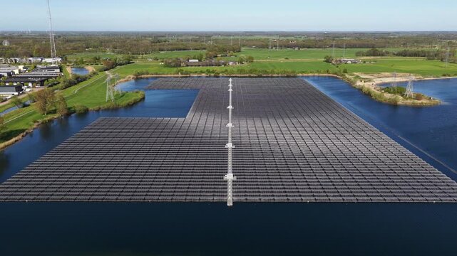 Aerial view of a floating solar farm power plant