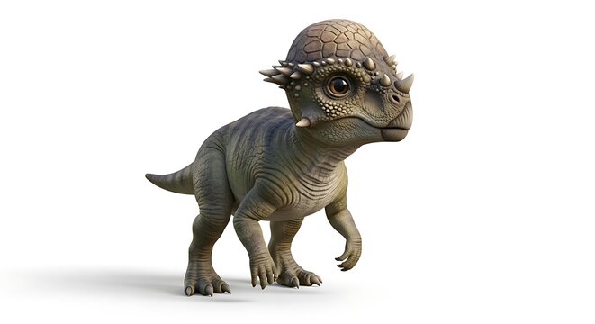 Adorable baby Pachycephalosaurus dinosaur with large eyes and a distinctive head dome, standing on a white background.