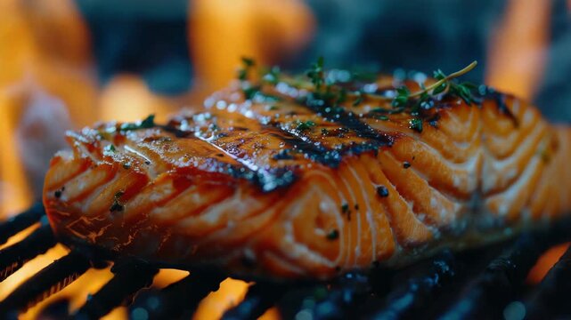 Grilled salmon fillet with thyme and rosemary on barbecue grill over flames, close-up