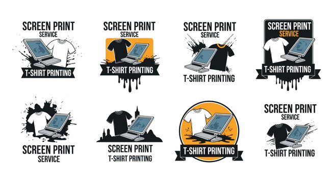 Screen printing service logos feature t-shirts and professional equipment in a variety of styles for apparel business branding needs.