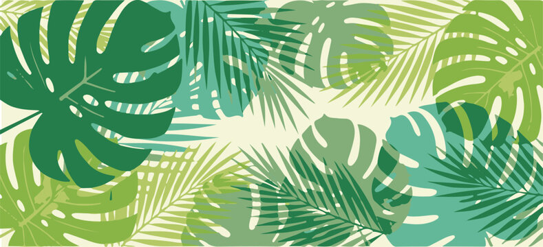 Tropical leaves pattern with green monstera plants on white background