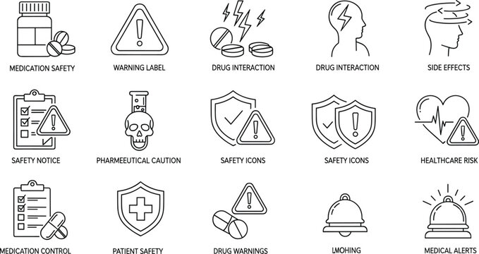 Collection of outline icons related to medication safety and healthcare risks warning