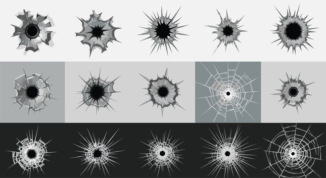 Collection of various bullet holes and shattered glass effects on different backgrounds provides realistic textures for action scenes.