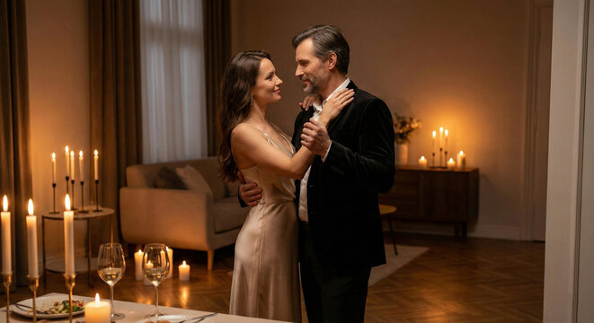 Elegant couple dancing together in candlelit luxury living room with beige furniture, wine glasses, candelabras and romantic warm lighting ambiance.