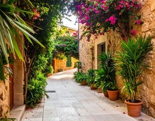 Obraz premium Sunny Mediterranean alleyway lined with flowers and lush greenery