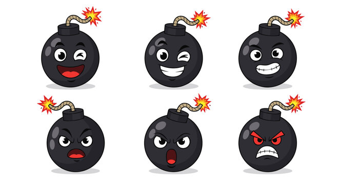 Set of six cartoon bomb characters features various angry and happy facial expressions with lit fuses for a playful explosive look.