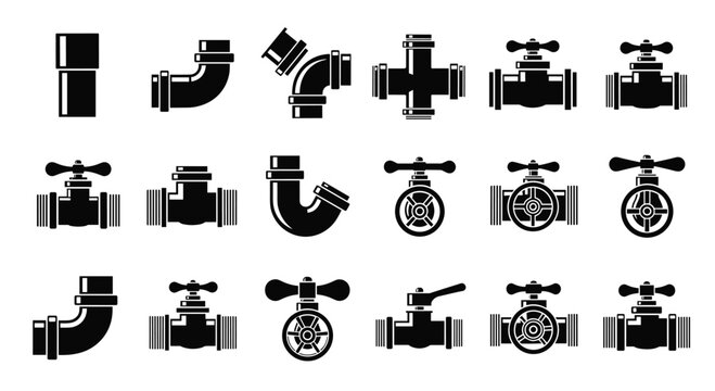 Collection of black plumbing icons represents different types of pipes and valves for industrial and home maintenance designs.