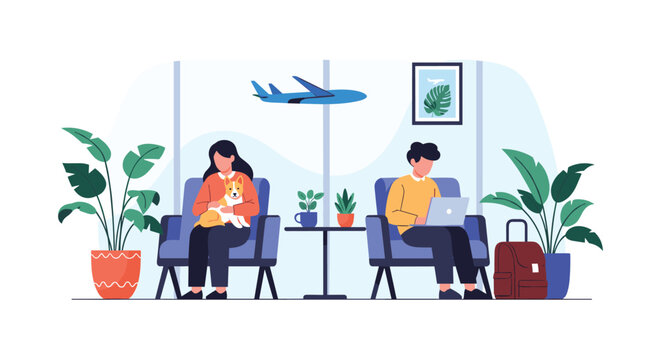 Travelers waiting in a modern airport lounge with potted plants, luggage, and a plane flying past the window view.