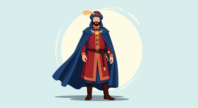 Royal character illustration of a man wearing a traditional red and gold tunic with a long flowing blue velvet cape.
