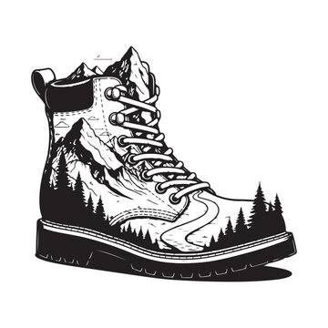 Black hiking boot with mountain landscape