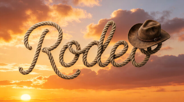  Rodeo lettering, made of rope, with realistic 3d effect, vector illustration, colorful orange sunset sky background, western style typography, cowboy theme.