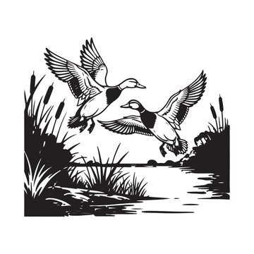 Two ducks flying over a pond with cattails