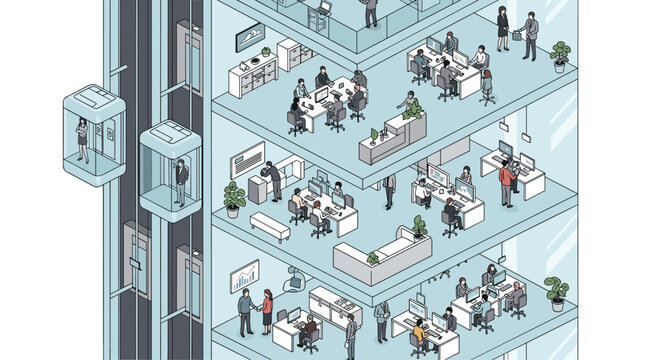 Detailed isometric cross-section of a multi-story office building showing employees working at desks, meetings and glass elevators.