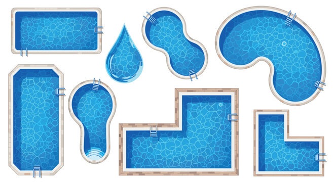 Collection of overhead views showing different swimming pool shapes and designs including rectangular, round, and l-shaped pools.