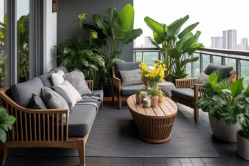 Obraz premium Balcony furnishing a comfortable seating area surrounded by lush green plants and city views