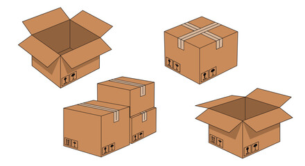 Fototapeta premium Different views of cardboard boxes including open, closed, and stacked configurations with safety shipping icons.