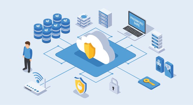 Isometric illustration of a cloud computing network with various security icons like locks, shields, servers and a router.