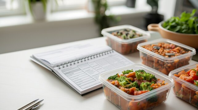 Meal prep containers with healthy food and notebook for diet planning on bright kitchen table, calorie tracking and organized nutrition concept with soft natural light