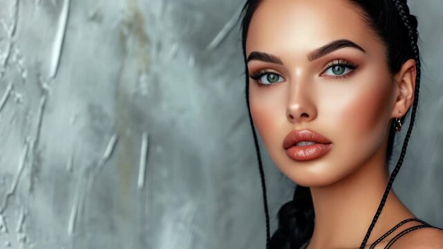 Elegant woman with braided hair, makeup, and green eyes on gray textured background