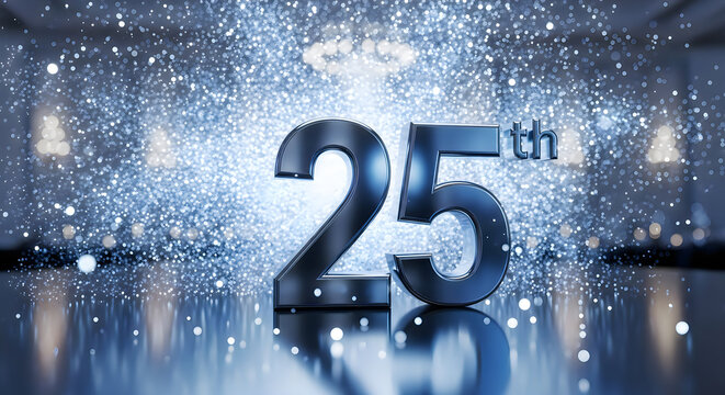 3d render of the number 25th with a metallic blue finish set against a sparkling, bokehfilled, festive background