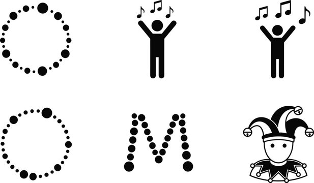 Creative music and abstract icons set featuring dancing people, musical notes, dotted circle patterns, letter M design, and jester symbol for entertainment concepts