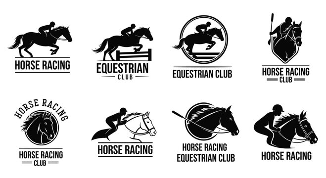 Collection of black and white horse racing and equestrian club logo designs featuring horse silhouettes and riders for sport branding.