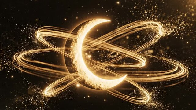 A stunning video showcases a bright glowing crescent moon surrounded by swirling golden light trails in space