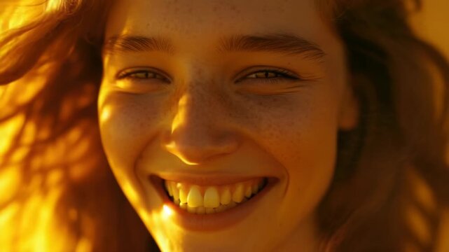 A young woman with a radiant smile looking into the camera against an orange and yellow sunset background.
