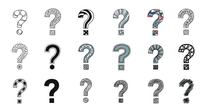 Set of decorative question marks with various patterns and textures for conceptual designs about inquiry and uncertainty.