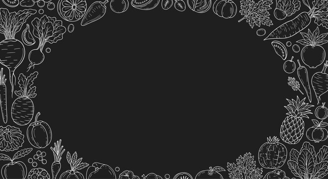 Blank blackboard framed by a decorative border of hand drawn white fruit and vegetable outlines for food themes.
