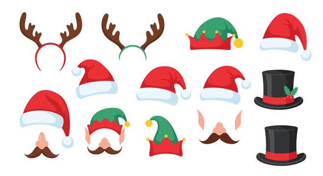 Set of festive Christmas themed accessories for photo booths including Santa hats elf ears reindeer antlers and mustaches.