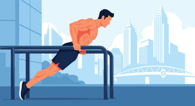 Muscular man performs dips on outdoor parallel bars with a modern city skyline and bridge in the background on a sunny day.