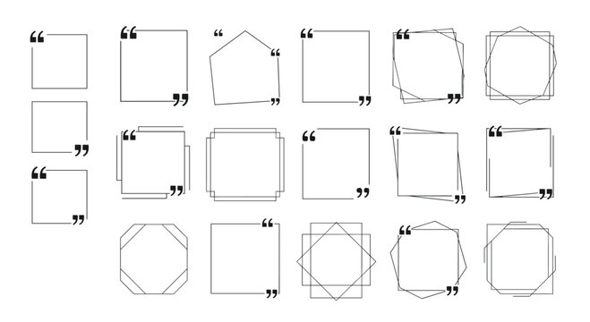 Collection of geometric speech bubbles and quote boxes with quotation marks for text highlights and dialogue in design projects.