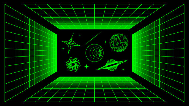 Abstract Futuristic Digital Technology Space Background with Green Glowing Lines on Black. Design for Background, Backdrop, Wallpaper, Template, Poster, Banner, Presentation, Website.