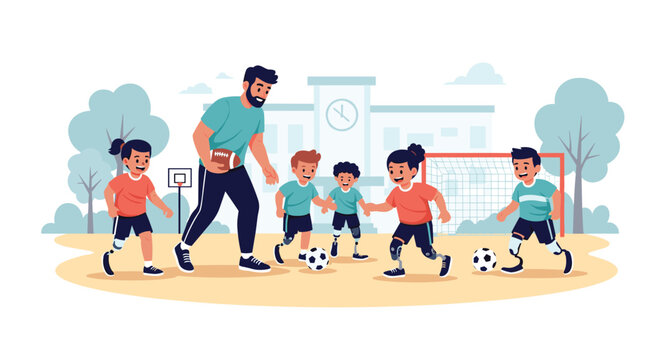 Male coach instructing a group of diverse children with prosthetic limbs during a soccer activity at a school playground.