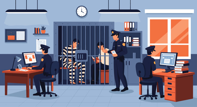 Busy police station office with officers working at computers while suspects are held in a prison cell in the background with a wall clock.