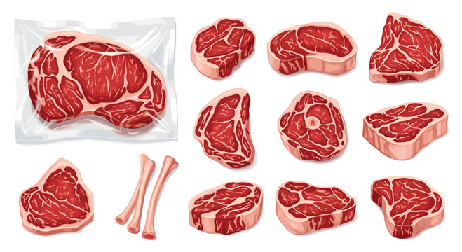 Assortment of raw meat cuts including steaks, ribeye, bones, and vacuum-sealed beef pieces isolated on a white background for food marketing.