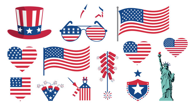 Collection of United States patriotic icons including flags, uncle sam hat, heart shapes, sunglasses, fireworks, and the statue of liberty.