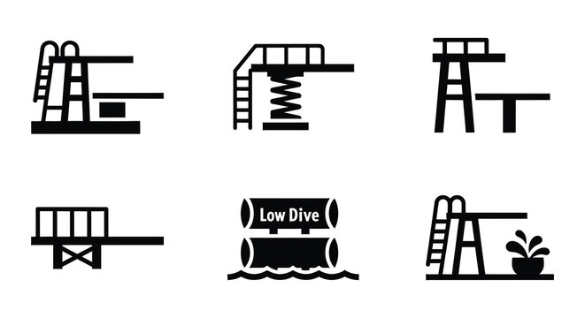 Diving platform silhouettes with swimmers flat vector illustration