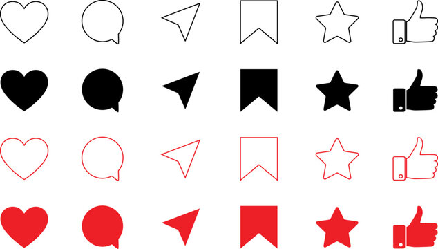 Collection of social media icons including hearts chat bubbles paper planes bookmarks stars and thumbs up in various styles for app and web design