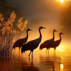 Obraz premium Graceful cranes wading in golden morning mist