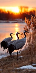 Obraz premium Cranes grace the tranquil lake at sunset in serene harmony