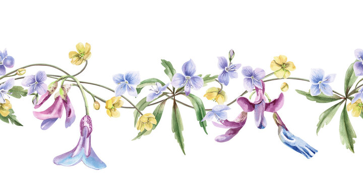 A seamless border of delicate stems of yellow, blue, and purple forest flowers and leaves. Watercolor illustration for design for cards, textiles, weddings, nature websites, and eco-themed designs.
