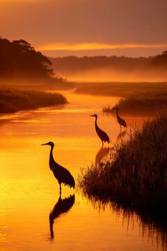 Graceful herons wading at sunrise by the tranquil stream
