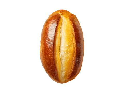 A single golden brown bread roll with a crisp crust and fluffy white interior on transparent background