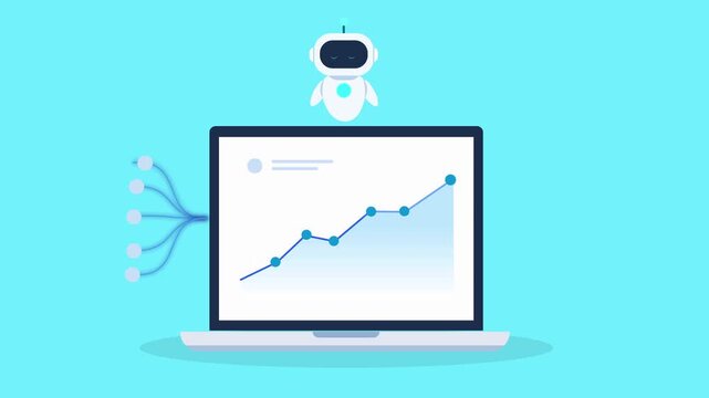Animated AI robot analyzing a growing data chart on a laptop with a user profile icon, representing individual user data, account analytics, personalization, and digital insights.