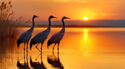 Fototapeta premium Cranes stroll along the water at sunset’s warm glow